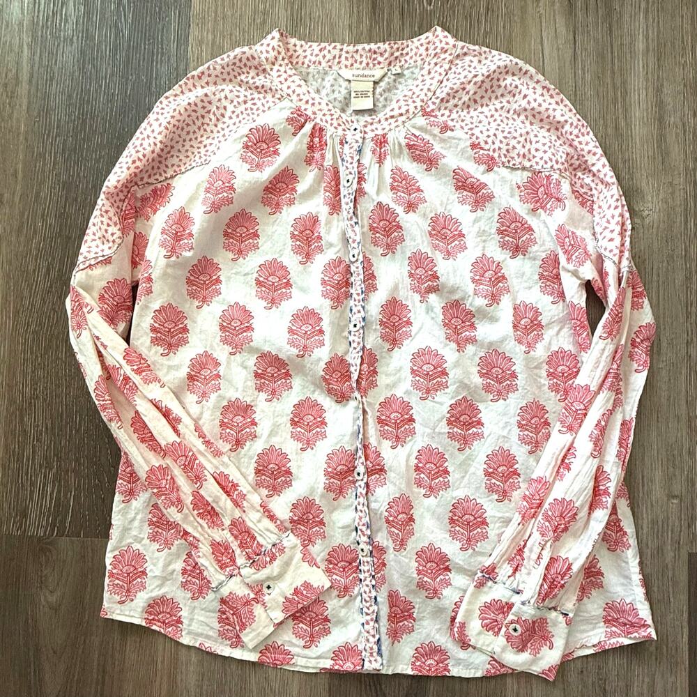 Sundance Womans pink red boho bohemian  top long sleeve button down size L